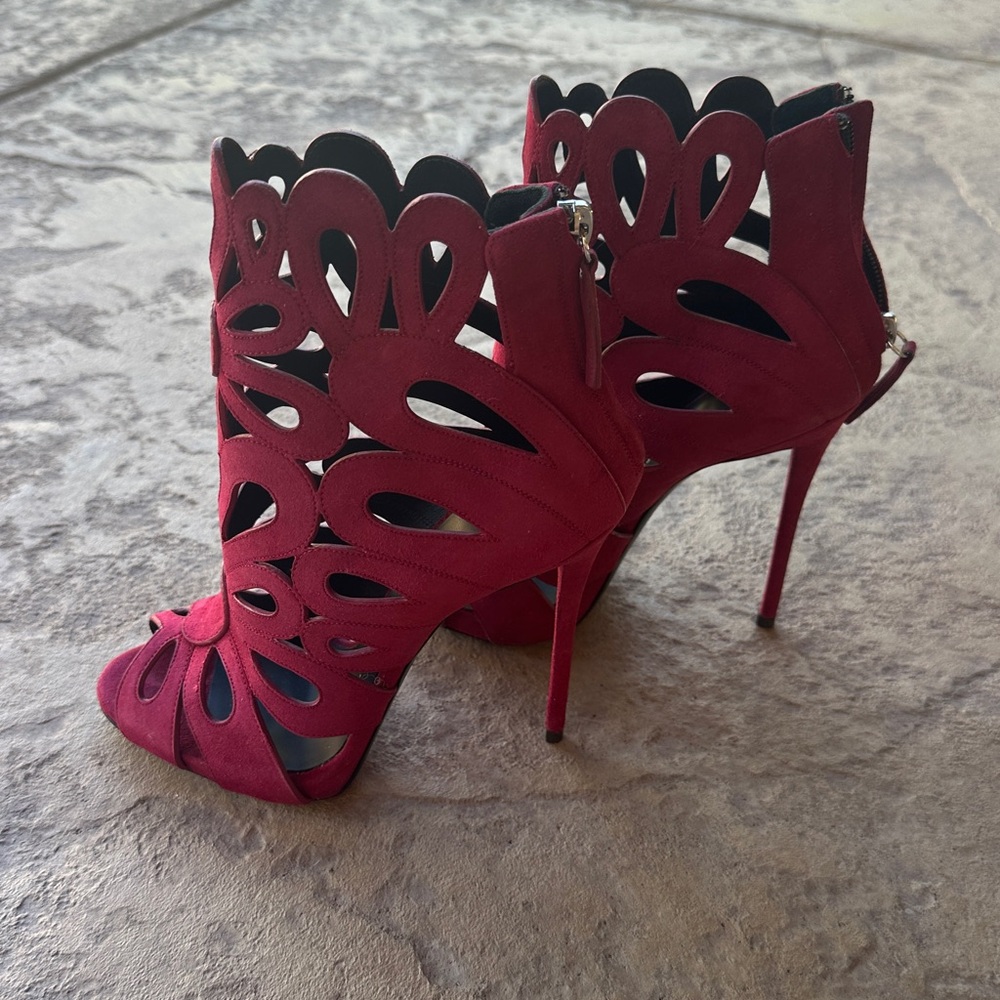 Guiseppe Zanotti Deep Red Wine Clover Cutout Suede Stiletto Heels- Size 36